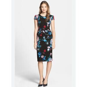 Betsey Johnson Black Floral Cap Sleeve Sheath Dress Black Multicolor Size 4 NWT